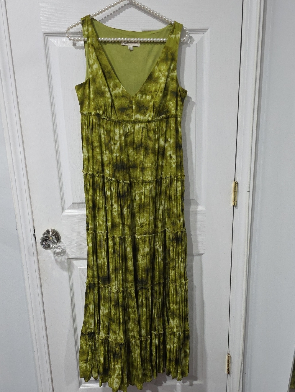Jones New York Olive Green Tie-Dye Tiered V-Neck Maxi Dress